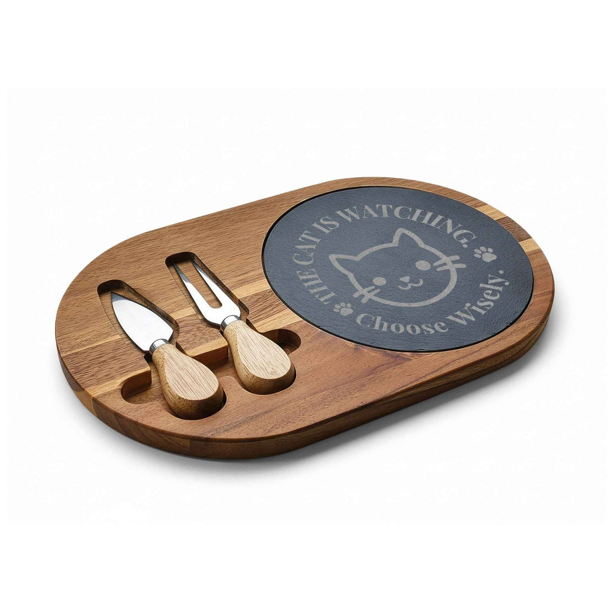 Engraved Cat Charcuterie Board — The Cat Is Watching, Choose Wisely