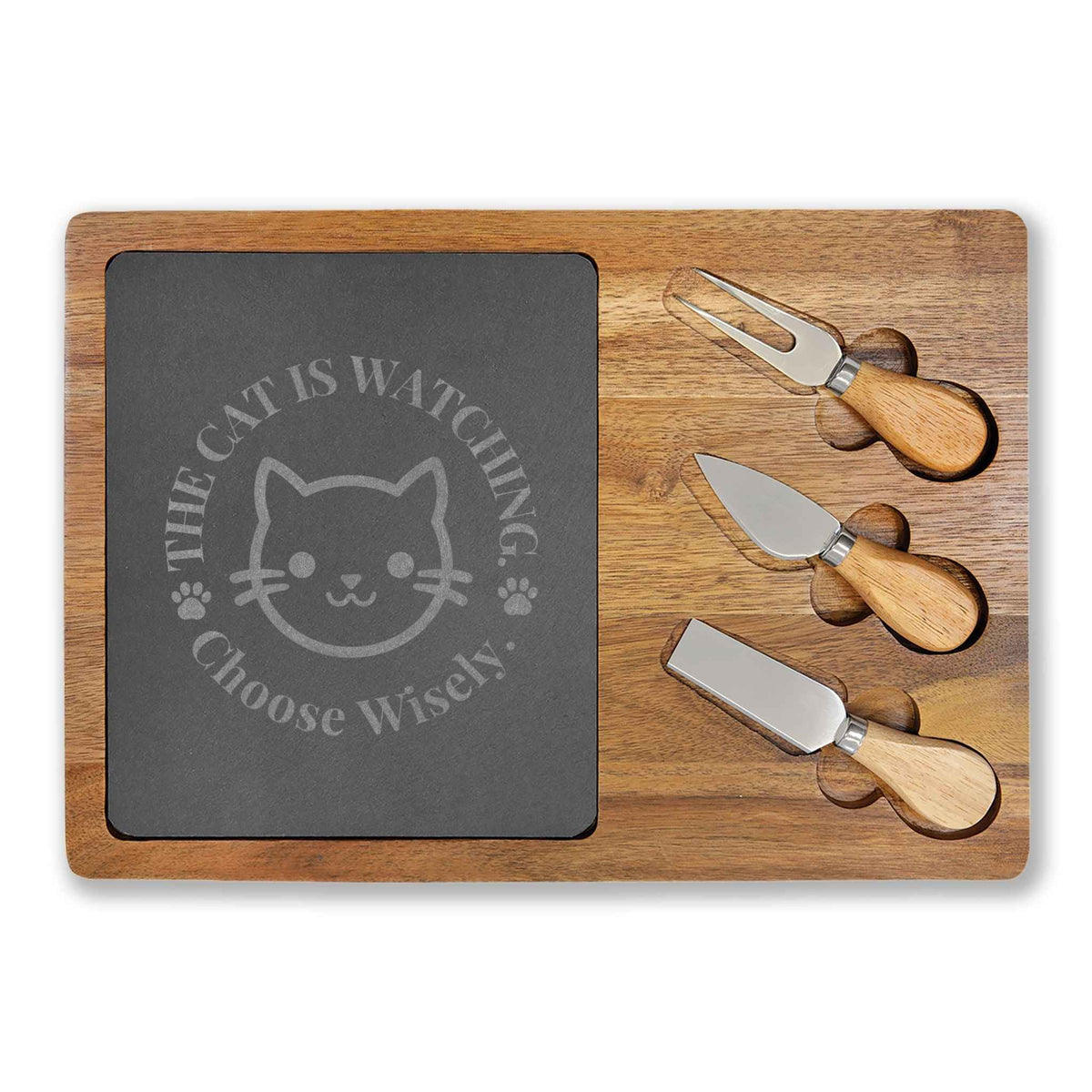 Engraved Cat Charcuterie Board — The Cat Is Watching, Choose Wisely