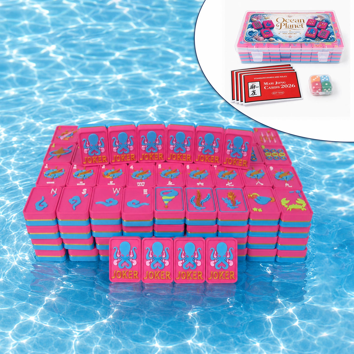 160PCS Floating American Mahjong Set Ocean Theme, Acrylic Mahjong Tiles With Storage Box, Dice And Rule Cards For Pool Party Travel Game Night
