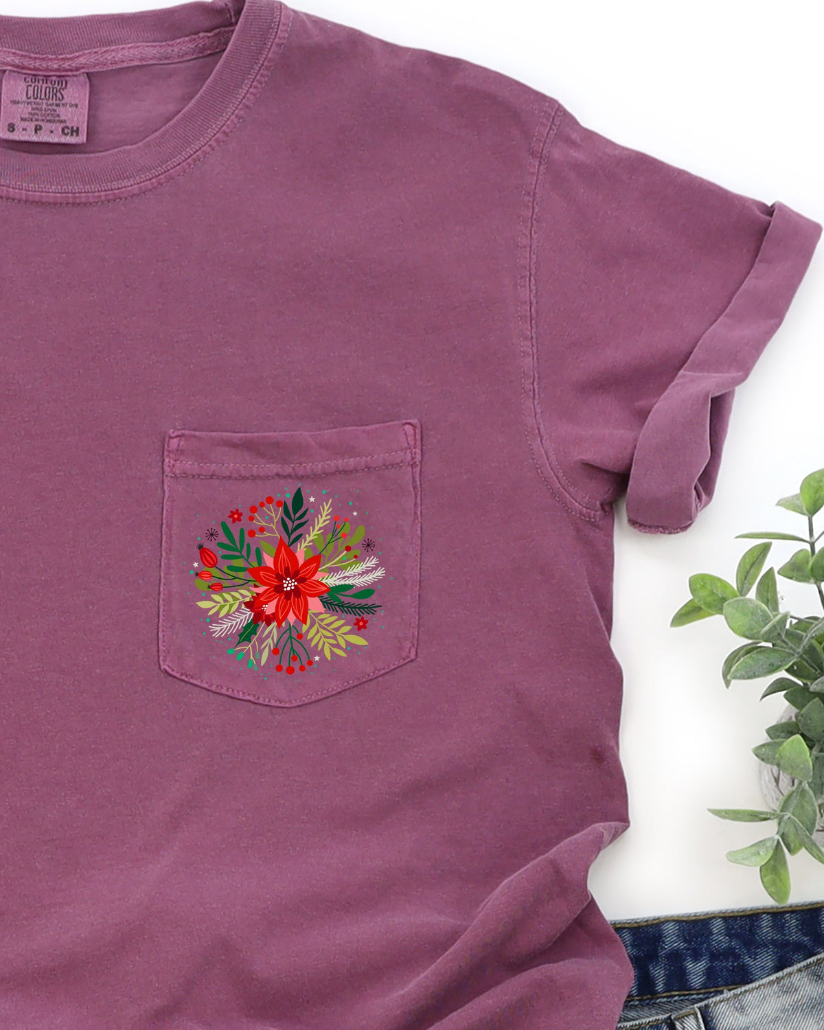 Christmas Flowers Pocket Floral Circle Poinsettia Winter Snow Botanical Xmas Comfort Colors Tee