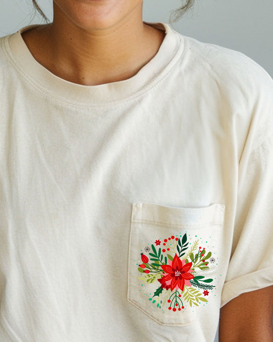 Christmas Flowers Pocket Floral Circle Poinsettia Winter Snow Botanical Xmas Comfort Colors Tee