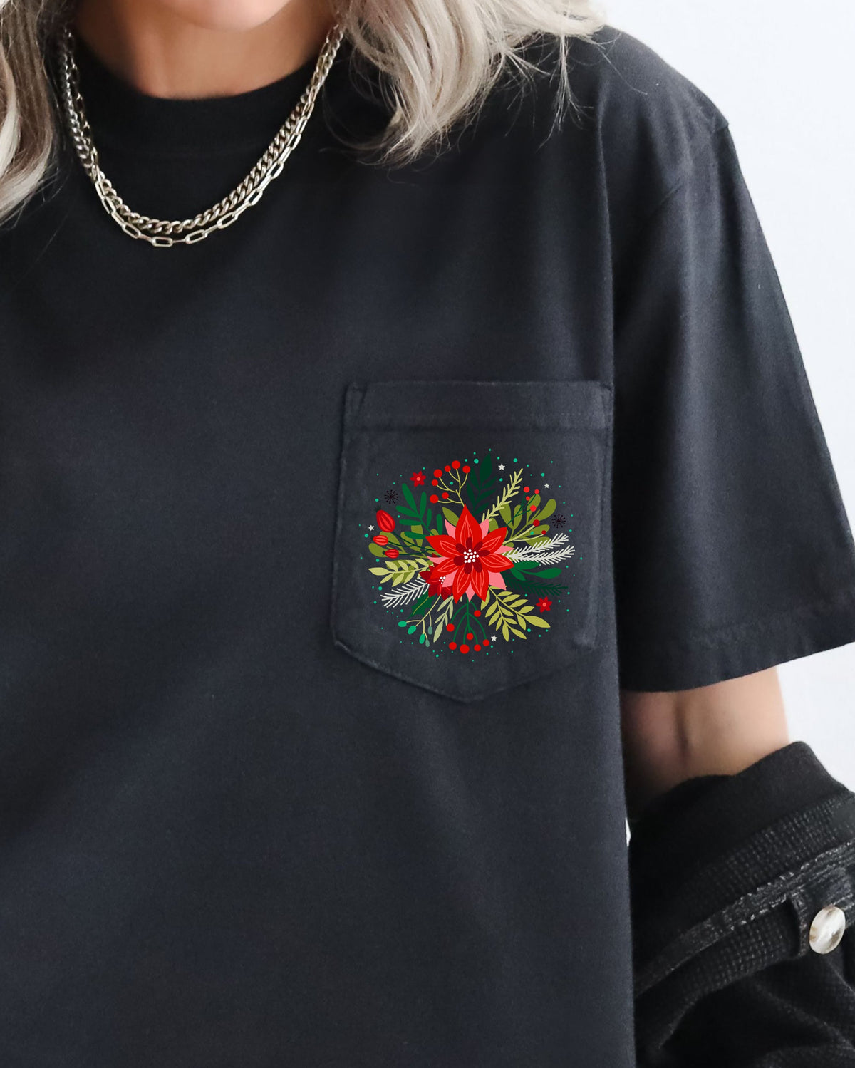Christmas Flowers Pocket Floral Circle Poinsettia Winter Snow Botanical Xmas Comfort Colors Tee
