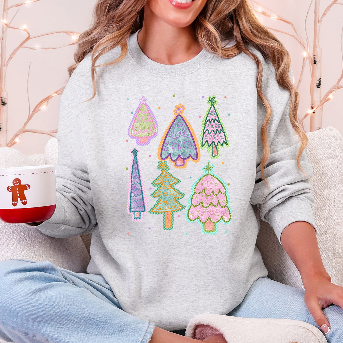 Colorful Christmas Tree Pastels Retro Hand Drawn Vintage Holiday Illustration Sweatshirt