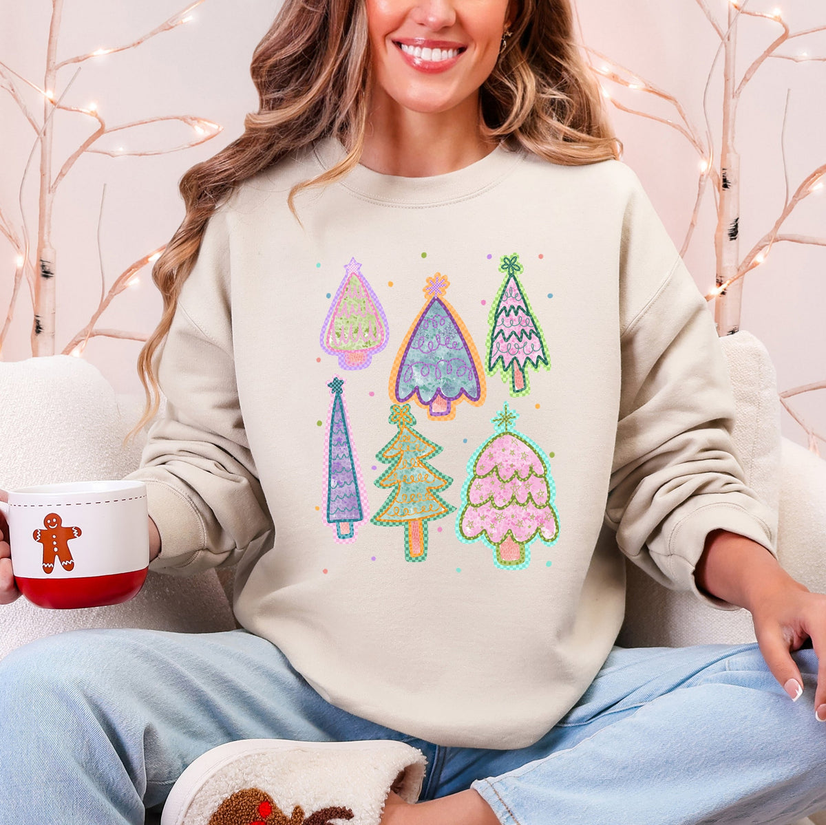 Colorful Christmas Tree Pastels Retro Hand Drawn Vintage Holiday Illustration Sweatshirt