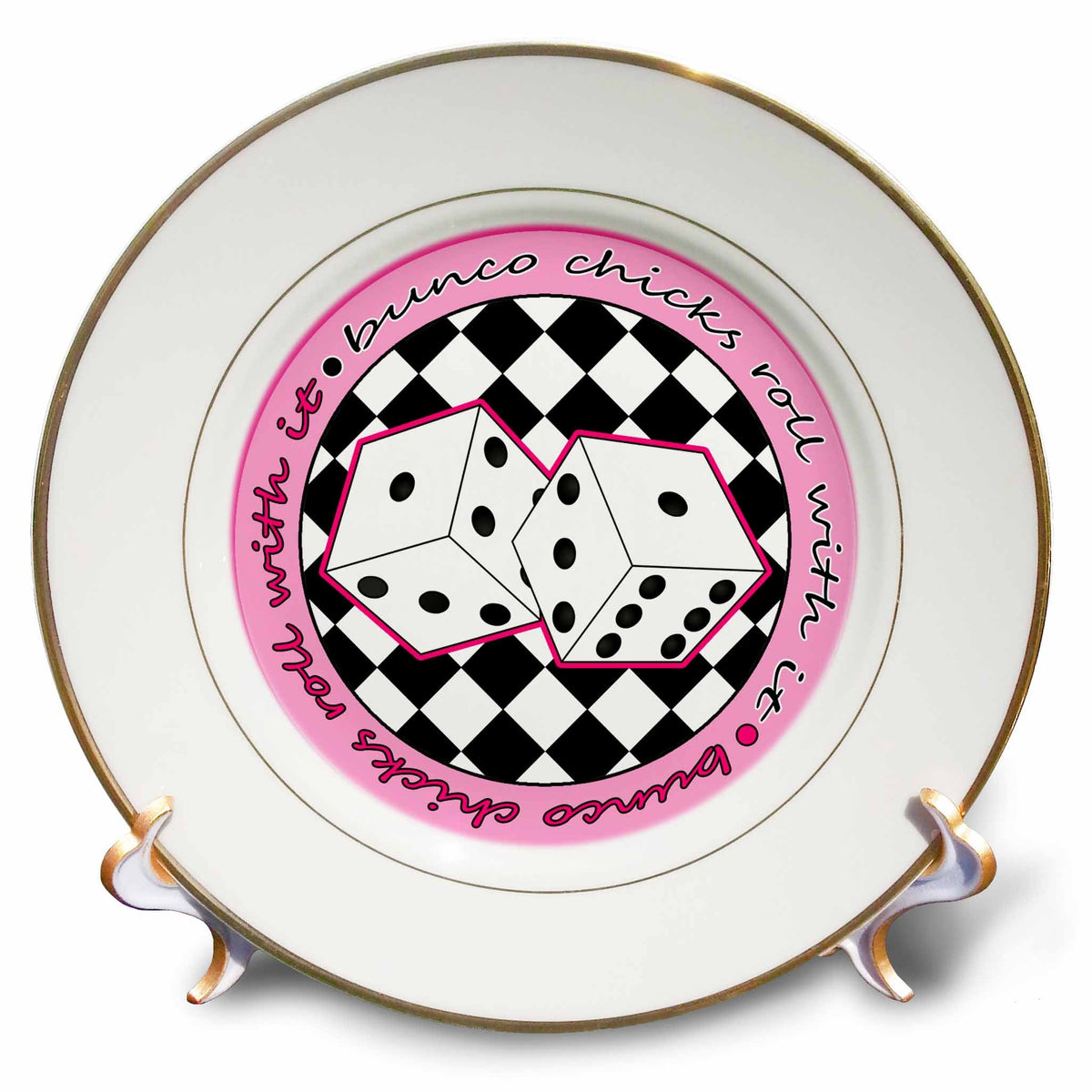3dRose Janna Salak Designs Bunco - Bunco Chicks Roll with It Pink - Plates (cp_28502)