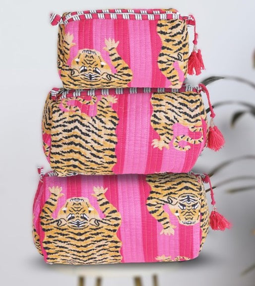 Tiger Print Mahjong Tile Bag, Travel Toiletry Bags, Cosmetic Organizer Set, Quilted Cotton