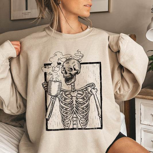 Skeleton Coffee Vintage Halloween All Hallows Eve Midnight Sketch Graphic Sweatshirt